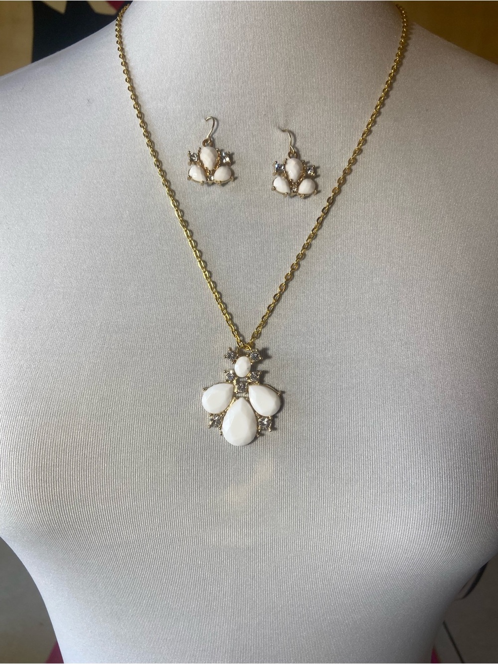 Gold-Tone Necklace and Earring Set with White Stones